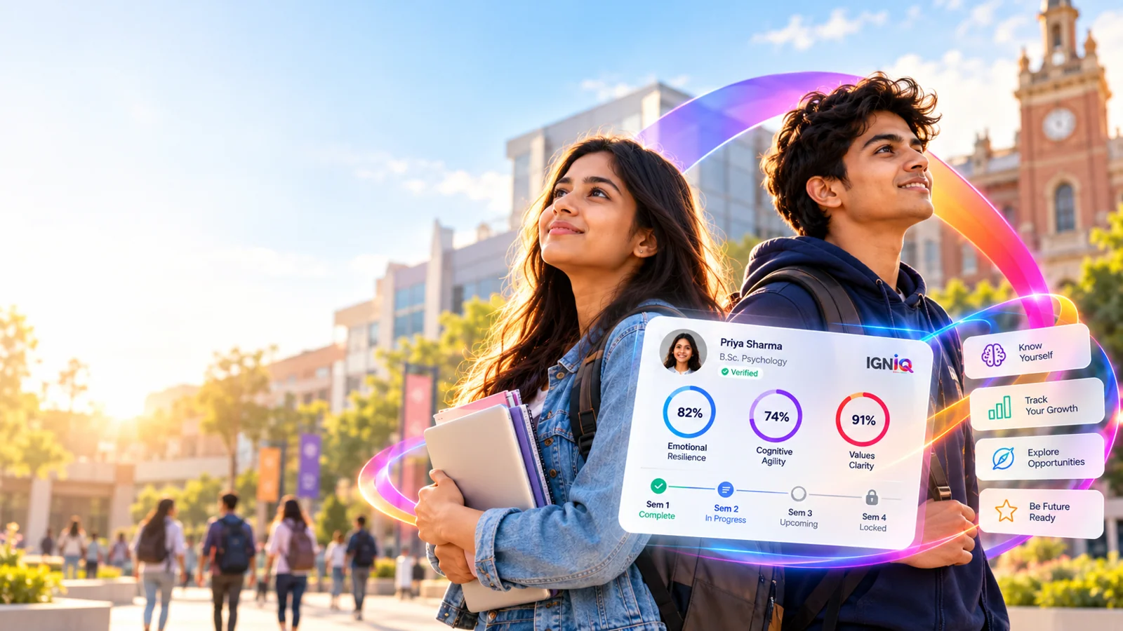 Two Indian university students with an illustrative growth-record dashboard