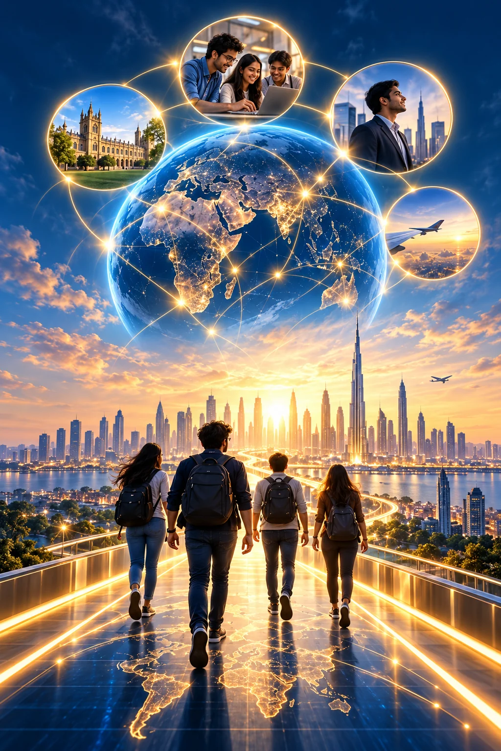 Students following an illuminated pathway towards a connected global future and opportunities