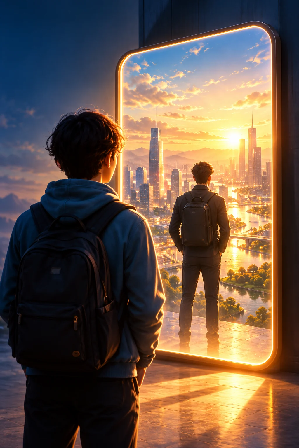 Student looking into a glowing mirror showing a future self and opportunities ahead