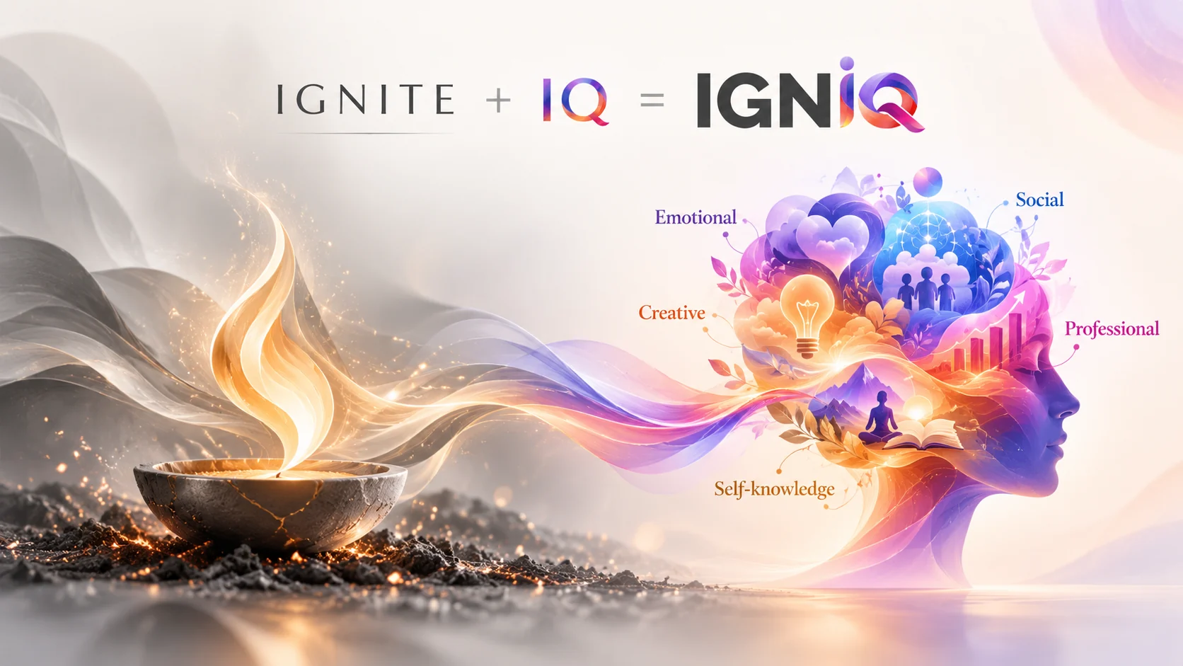 IGNITE plus IQ equals IGNIQ. A calm, continuous diya flame flows into a colourful creative brain visual representing emotional, social, creative, professional and self-knowledge intelligence. The illustration is conceptual, not a neuroscientific localisation map.